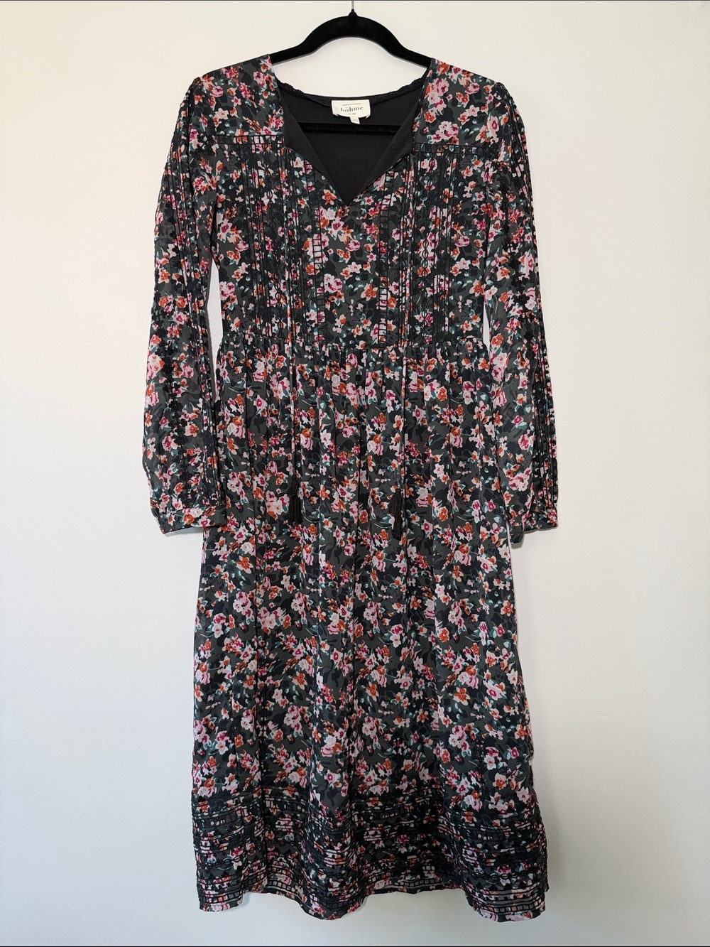 Floral V-Neck Long Sleeve Midi Dress - Black with Pink Floral